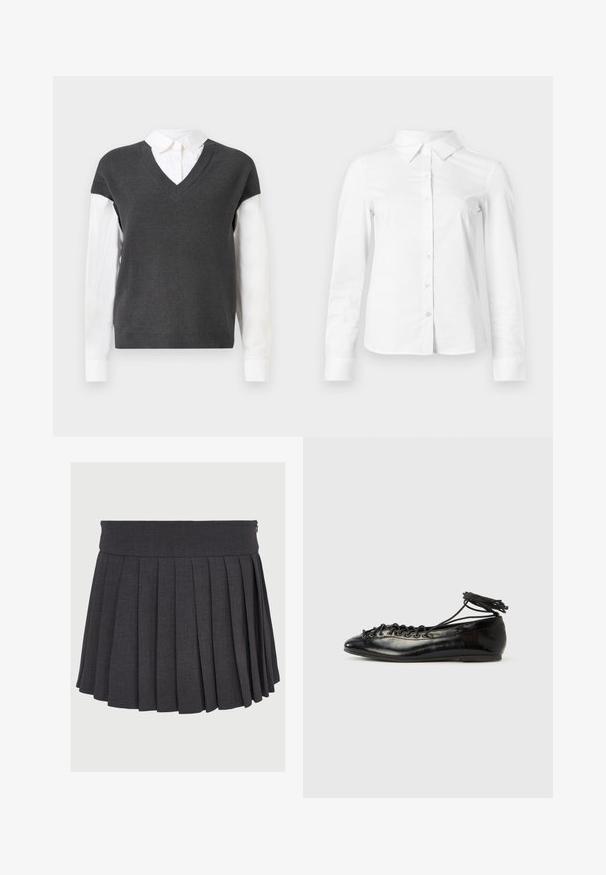 Mørkegrå strikket sweater med V-hals-design, der har korteærmer over en hvid kravebluse. Teksturen er ribbet med et lagdelt look.; Hvid skjorte med lange ærmer, knapper, spids krave, lige kant og tætsiddende silhuet, vist på en ensartet lys baggrund.; Grå plisseret nederdel med flad talje og lynlås, lavet af et struktureret stof med jævnt fordelte dybe plisseringer.; Sorte balletflade sko i laklæder med rundet tå, snørelukning og flad sål. Glat tekstur med få detaljer.