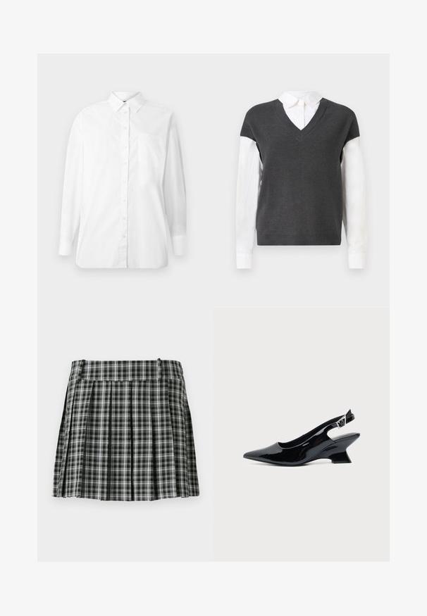Donkergrijs gebreide trui met een V-hals ontwerp, met korte mouwen over een witte collshirt. De textuur is geribbeld, met een gelaagd uiterlijk.; Witte langhuisshirt met knopen en kraag, met een borstzak, weergegeven tegen een eenvoudige witte achtergrond.; Zwart-wit geruite geplisseerde rok met een gladde tailleband en meerdere verticale plooien. Gemaakt van lichte stof.; Zwarte lakleren slingback schoen met spitse neus en lage schuine blokhak op een effen lichte achtergrond.