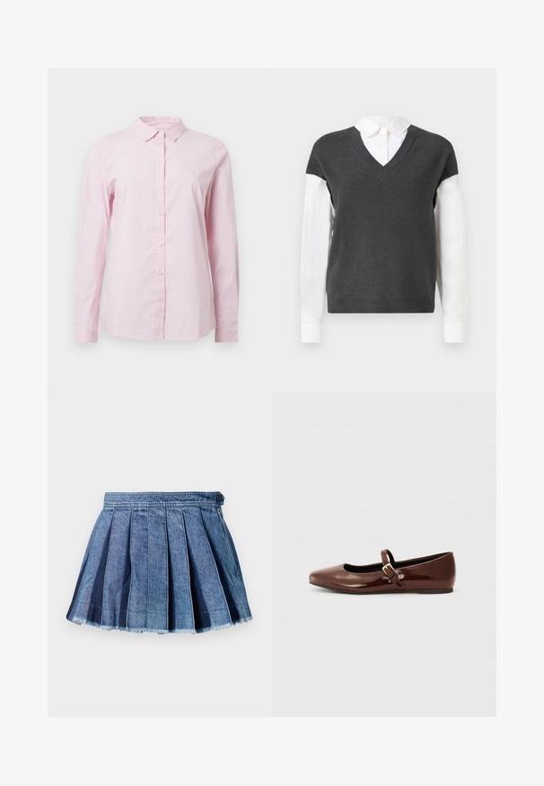 Donkergrijs gebreide trui met een V-hals ontwerp, met korte mouwen over een witte collshirt. De textuur is geribbeld, met een gelaagd uiterlijk.; Roze gestreepte overhemden met knoopsluiting, een kraag en lange mouwen. Gemaakt van lichtgewicht stof met een gladde textuur.; Blauwe denim geplooide minirok met een knoop- en zijritsluiting, met een rafelige zoomdetail.; Bruine gepatineerde leren balletschoen met een vierkante neus en een bandje met een kleine gouden gesp. Gladde textuur, lage hak en minimalistisch ontwerp.