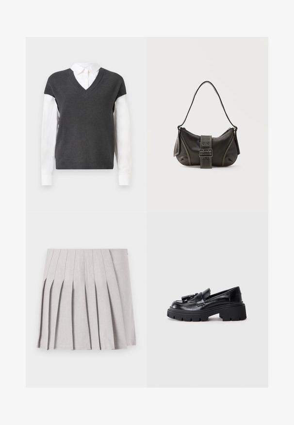 Mørkegrå strikket sweater med V-hals-design, der har korteærmer over en hvid kravebluse. Teksturen er ribbet med et lagdelt look.; Grå plisseret nederdel med en glat tekstur, der har flere lodrette folder og en tætsiddende talje. Fremstillet af letvægtsstof.; Sorte læder loafers med en klumpet, bølget sål, der har en dekorativ kvast på forsiden og en glat, blank overflade.; Sort læder skuldertaske med spænde på remmen, afrundede kanter og kontrasterende hvide syninger på en ensfarvet baggrund.