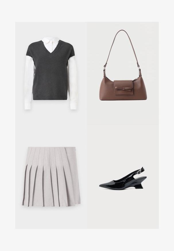 Pull en maille gris foncé avec un décolleté en V, présentant des manches courtes au-dessus d'une chemise blanche à col. La texture est côtelée, avec un aspect superposé.; Jupe plissée grise au toucher lisse, dotée de multiples plis verticaux et d'une taille ajustée. Fabriquée en tissu léger.; Chaussure slingback en cuir verni noir avec bout pointu et petit talon bloc incliné sur fond clair uni.; Sac à bandoulière en cuir marron avec une poche à rabat avant ornée d'un détail en forme de nœud cousu et une sangle réglable.