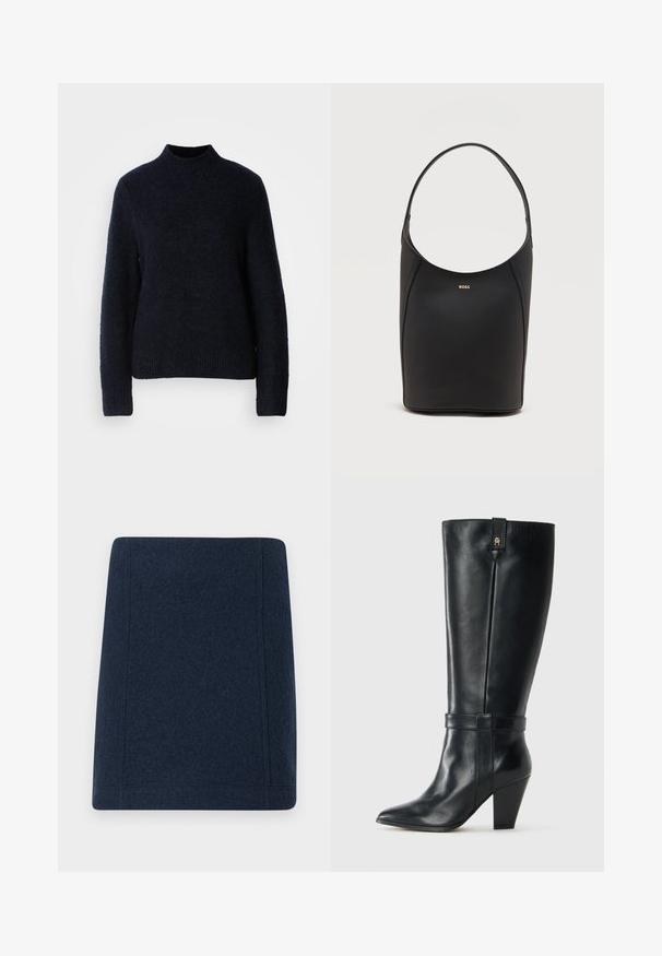Suéter de punto azul marino con un cuello alto, mangas largas y dobladillo acanalado. Textura suave, corte informal, sin patrones visibles ni detalles metálicos.; Minifalda de lana en navy con forma recta, costuras planas y una textura suave. Sin patrones ni adornos visibles.; Botín de cuero negro hasta la mitad de la pantorrilla con punta afilada, tacón cuadrado, una correa decorativa alrededor del tobillo y un pequeño logo metálico cerca del borde superior.; Bolso de cuero negro tipo saco con una sola correa para el hombro y pequeño logo dorado de BOSS centrado cerca de la parte superior frontal.