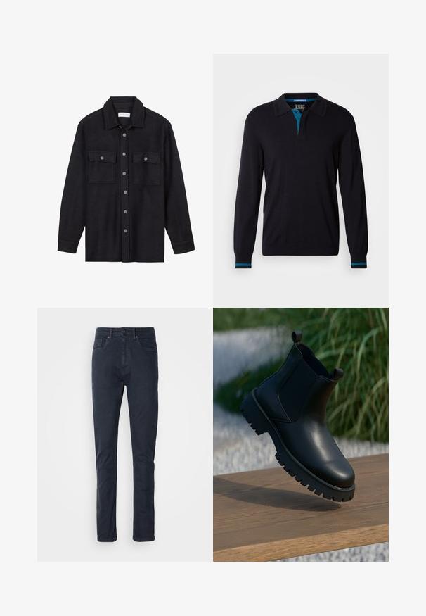 Scotch & Soda LONG SLEEVE POLO - Pullover - anthracite; Veste-chemise en laine noire avec un col pointu, une fermeture à boutons sur le devant et deux poches poitrine. Dotée de boutons ton sur ton et d'une coupe décontractée.; Jeans en coton bleu foncé avec une coupe droite, fermeture par bouton et design à cinq poches. Texture lisse et détails de couture minimalistes.; Bottes en cuir noir à la cheville avec panneaux latéraux élastiques, bout rond et semelle épaisse, exposées sur une surface en bois.