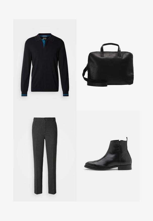 Scotch & Soda LONG SLEEVE POLO - Trui - anthracite; Op maat gemaakte donkergrijze broeken van een zachte stof, met een knoopsluiting, twee voorkruiken en een rechte pijp.; Zign by Zalando LEATHER - Lage laarzen - black; Jost FUTURA - Aktetas - schwarz