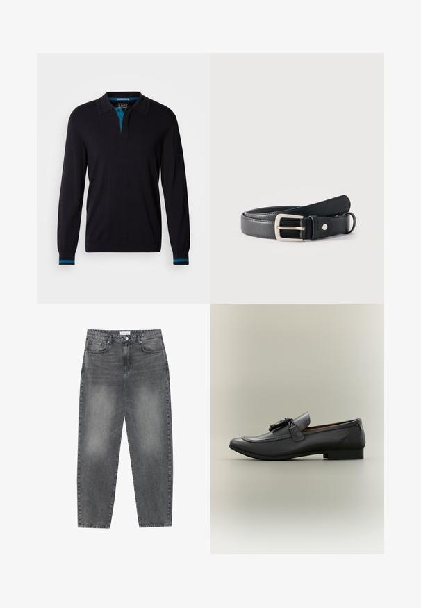 Scotch & Soda LONG SLEEVE POLO - Striktrøje - anthracite; Høj talje, løstsiddende jeans i falmet sort denim. Har fem lommer, bæltestropper og et rent, lige ben design.; Sorte læder loafer med rund tå, dekorative kvaster og stikninger. Flad hæl med en slank profil og glat tekstur.; Sort læderbælte med sølvfarvet rektangulært spænde, snoet på en ensfarvet hvid baggrund.