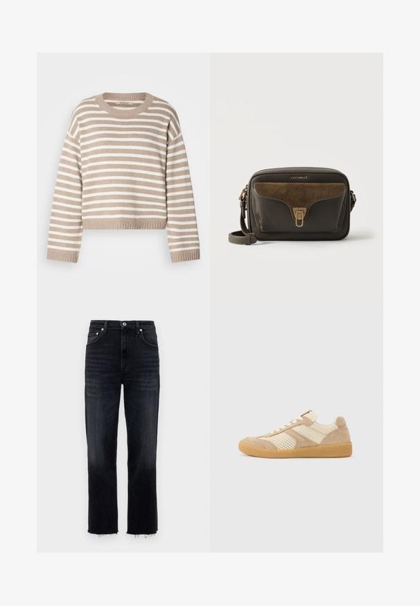 Beige-wit gestreepte gebreide trui met een ronde hals, afgevallen schouders en geribde zoom. Zachte textuur, cropped ontwerp.; High-waisted, straight-leg jeans in dark wash denim, met een rafelige zoom en een klassieke vijf-pocket ontwerping met zilveren hardware.; Beige en crème lage sneaker met mesh- en suède panelen, witte veters en een zool van gumrubber, zijaanzicht op een effen achtergrond.; Kleine rechthoekige donkerbruine crossbodytas met voorvak van suède, goudkleurige sluiting en verstelbare band op witte achtergrond.