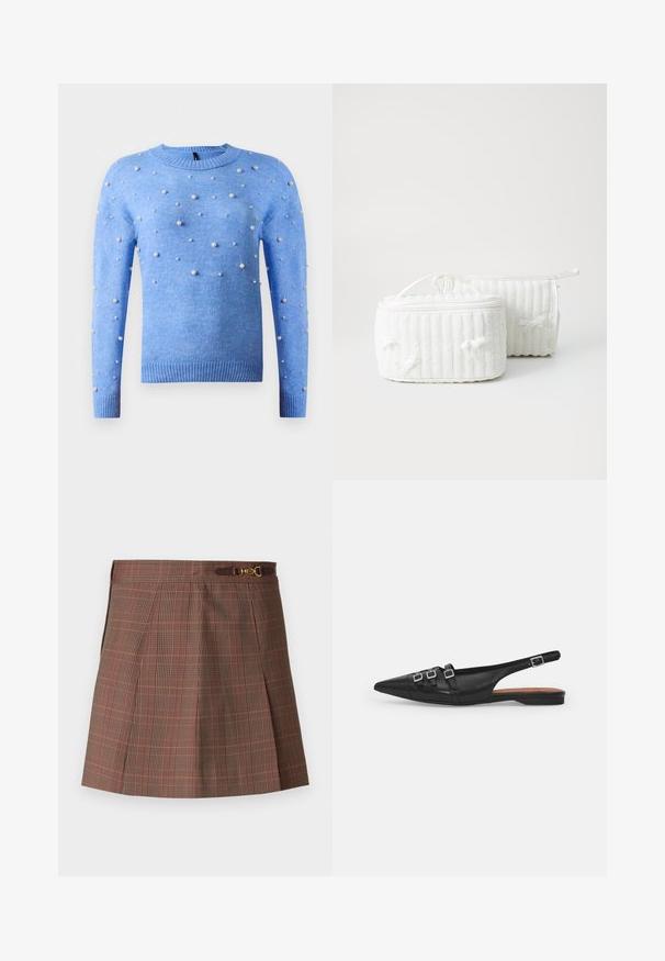 Lys blå strikket sweater med lange ærmer, rund hals og spredte små og mellemstore hvide perle-forgyllelser på fronten og ærmerne.; Brunternet skørter med orange accenter, der har et plisseret design, en tætsiddende talje og en dekorativ guldfarvet detalje på bæltet.; Sort læderslyngeflad sko med spids tå, der har to vandrette stropper og firkantede sølvspænder, lav hæl og glat tekstur.; To hvide tekstil kosmetikpunge, den ene rektangulær med et bærehåndtag, som har ribbet tekstur og små sløjfer på siderne. Den anden er cylindrisk.