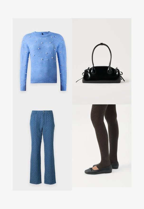 Pull en tricot bleu clair avec des manches longues, un col rond, et des embellissements en perles blanches petites et moyennes dispersées sur le devant et les manches.; Pantalons à motifs bleus avec une coupe évasée, présentant un motif à losanges et une fermeture à bouton unique à l'avant. Texture de tissu douce.; Jambes portant des leggings côtelés foncés associés à des ballerines noires avec de petits détails en nœud sur fond blanc.; Petit sac à main noir brillant avec deux longues anses et des détails à cordon sur les côtés sur un fond clair uni.