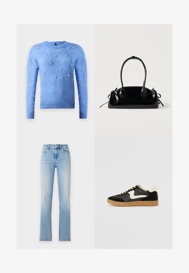 Pull en tricot bleu clair avec des manches longues, un col rond, et des embellissements en perles blanches petites et moyennes dispersées sur le devant et les manches.; Jean en denim bleu clair avec une taille haute, une coupe droite et des dégradés subtils. Dispose de cinq poches et de passants de ceinture.; Baskets en daim et cuir noir avec un swoosh latéral crème et un talon crème clair. Dotées de lacets beige et d'une semelle en caoutchouc gomme.; Petit sac à main noir brillant avec deux longues anses et des détails à cordon sur les côtés sur un fond clair uni.
