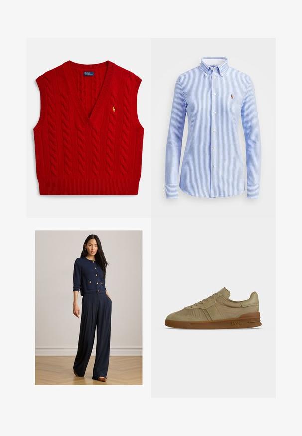 Rød strikket ærmeløs sweater med V-hals og kabelmønster. Har ribbet kant og et lille guldfarvet logo på brystet.; Lyseblå og hvid stribet skjorte med knapper, krave, lange ærmer og et lille broderet logo på venstre bryst.; Kvinde iført navyblå knappet cardigan med guldknapper og vide bukser, stående på trægulv mod en ensfarvet væg.; Beige lavskaftet Polo sneaker med snørebånd foran, tekstureret læderoverdel og brun gummisål med Polo-logo på siden.