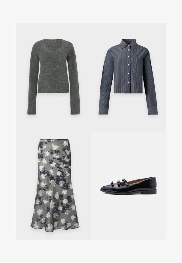 Pull gris à manches longues en tissu doux et texturé, avec un col large et arrondi et une silhouette ajustée.; Chemise courte gris foncé à fines rayures blanches verticales, manches longues, col pointu et poche poitrine avant.; Jupe midi grise avec imprimé floral en noir, blanc et gris et légère évasement à l'ourlet.; Chaussure plate en cuir verni noir avec trois fines lanières sur le dessus et un talon bas, vue de profil sur un fond blanc.