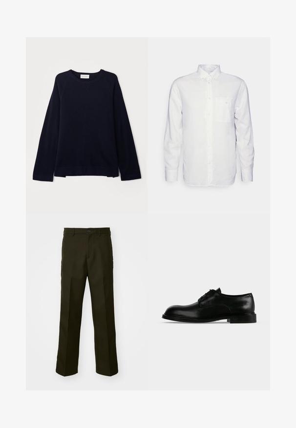 OFFICINE GENERALE NATE CNECK - Pullover - black; Chemise blanche à manches longues en coton, avec un col à rabat, une poche avant et une coupe régulière. Tissu texturé avec une surface lisse.; The Kooples PANTALON - Pantalon classique - kaki; Chaussure habillée pour homme en cuir noir poli à lacets, avec un petit talon et un bout simple, présentée en profil sur fond blanc.
