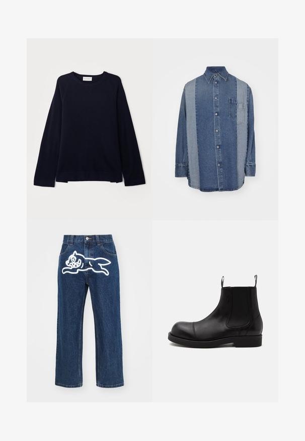OFFICINE GENERALE NATE CNECK - Trui - black; Denim shirt met een tweekleurig ontwerp met donkere en lichte blauwe secties, knoopsluiting aan de voorkant, kraag en een borstzak.; Donkerblauwe wijde jeans met een grote witte cartoonhond graphic op de achterzak. Denimtextuur, traditionele vijf-pocket ontwerp.; Zwarte leren Chelsea-boot met afgeronde neus, elastische zijpanelen, aantreklussen voor en achter, platte zool, van opzij getoond op witte achtergrond.