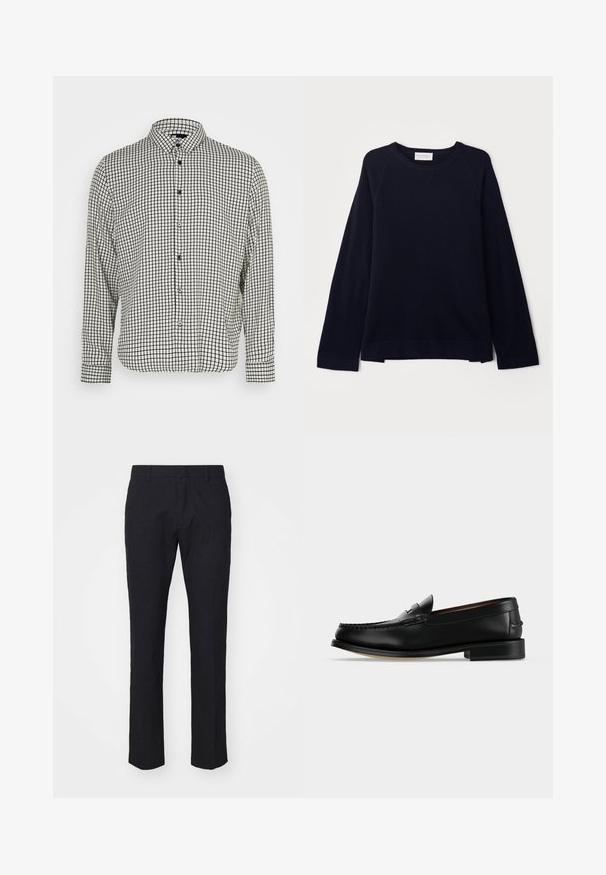 OFFICINE GENERALE NATE CNECK - Pullover - black; Chemise à boutons en noir et blanc à carreaux avec un col, des manches longues et un ourlet droit. Fabriquée dans un tissu léger et dotée de boutons noirs.; Pantalon bleu marine avec une coupe ajustée, fabriqué en tissu lisse. Il présente un devant plat, des passants de ceinture et des jambes droites avec un ourlet soigné.; Mocassin homme en cuir noir avec un petit talon et une couture de style mocassin sur l'avant, vu de côté sur un fond uni.
