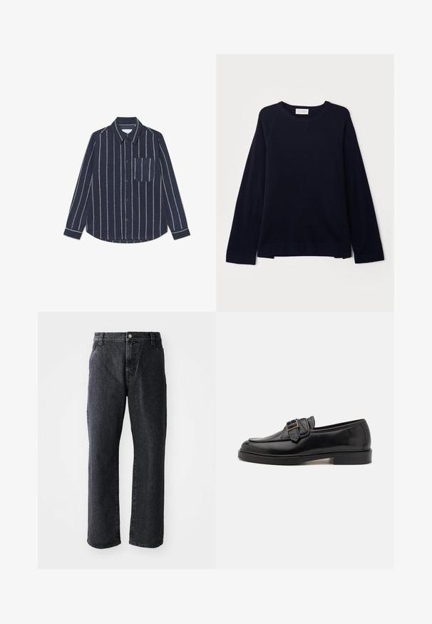OFFICINE GENERALE NATE CNECK - Pullover - black; Chemise bleu marine à boutons, avec des rayures blanches verticales, manches longues, col et poche sur la poitrine gauche. Texture douce avec un tissu de poids moyen.; Jeans en denim noir à coupe droite, avec une fermeture à bouton, cinq poches et une texture subtile. Design classique sans motifs proéminents.; Mocassins en cuir noir avec un bout arrondi et une boucle décorative. Talon plat, solide et texture lisse sur l'ensemble.