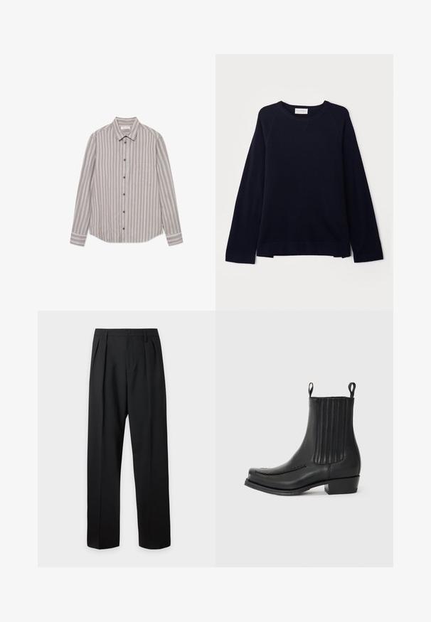 OFFICINE GENERALE NATE CNECK - Striktrøje - black; Stribet langærmet skjorte i beige og grå nuancer, lavet af et tekstureret stof. Har en klassisk krave, knaplukning foran og en brystlomme.; Sorte formelle bukser med plisseringer, bæltestropper og knaplukning ved taljen, vist mod en ensfarvet lys baggrund.; Sort læder ankelstøvle med en glat overflade, elastiske sidepaneler, diskret søm på tåen og en blokhæll.