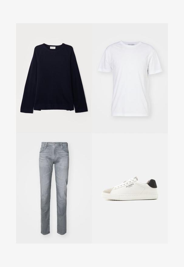 OFFICINE GENERALE NATE CNECK - Striktrøje - black; Hvid bomulds t-shirt med rund halsudskæring, korte ærmer og lige snit. Ingen mønstre eller udsmykninger, glat tekstur og enkel design.; Grå denimjeans med lige pasform, fem lommer, bæltehuller og lukning med knap foran. Diskret falming for tekstur.; Hvid lavt snørestøvle med beige ruskindståkappe, sort hælflig, hvide snørebånd og "ALLSAINTS LONDON" logo på siden.