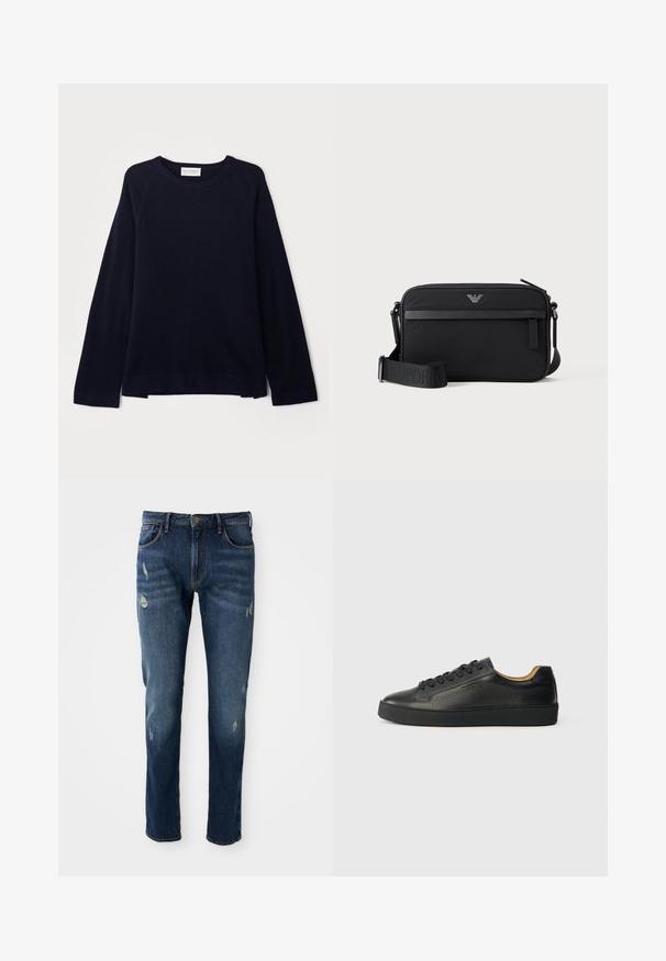 OFFICINE GENERALE NATE CNECK - Jersey de punto - black; Jeans de mezclilla azul oscuro con corte ajustado, ligero desgaste en los muslos y las rodillas, diseño clásico de cinco bolsillos y cierre de botón.; Zapatilla negra de cuero de caña baja con superficie texturizada, cordones negros y suela de goma gruesa, mostrada de lado sobre un fondo claro.; Bolso bandolera rectangular negro con bolsillo frontal con cremallera, correa ajustable y pequeño logo metálico en el centro superior.