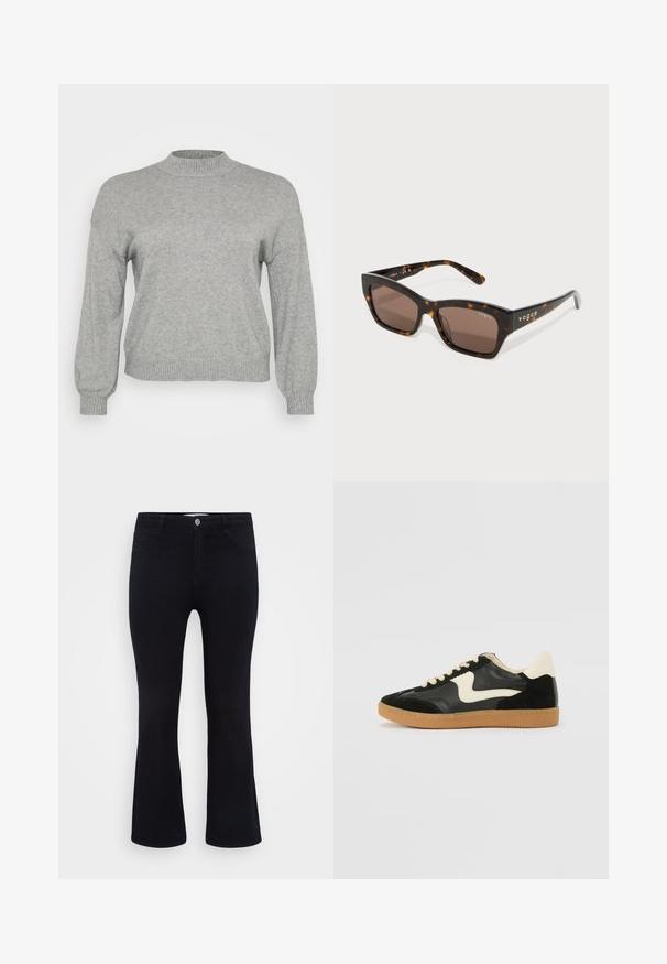 Lysegrå strikket sweater med lange ærmer, ribbestrikket rund hals, manchetter og kant, præsenteret på en hvid baggrund.; ONLY Carmakoma Flared fit CARTHUNDER Mid waist - Flared jeans - black denim; Sorte ruskinds- og lædersneakers med en cremefarvet side-swoosh og lys cremefarvet hæl. Har beige snørebånd og en gummirubber-sål.; Skildpaddemønstrede solbriller med kantede stel, brune linser og guld "vogue" branding på armene. Tekstur mønster på stellet.