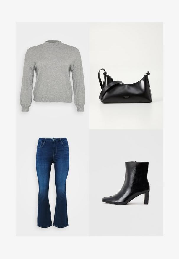 Lysegrå strikket sweater med lange ærmer, ribbestrikket rund hals, manchetter og kant, præsenteret på en hvid baggrund.; Mørkeblå bootcut jeans lavet af denim, med fem lommer, lynlås og knaplukning samt kontrastsyninger langs sømmene.; Sorte ankelstøvler lavet af blank læder, med spidse tæer og en mellemstor blokhæl, med en glat tekstur og et enkelt design.; Sort læderhåndtaske med en glat tekstur. Har en justerbar stropp og et enkelt, minimalistisk design med lynlås.