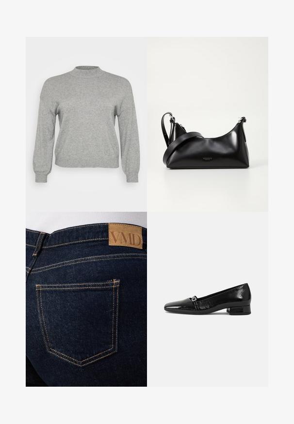 Lysegrå strikket sweater med lange ærmer, ribbestrikket rund hals, manchetter og kant, præsenteret på en hvid baggrund.; Mørkeblå denimjeans med synlige orange syninger og en brun læderlap med mærket "VMD" over den bageste højre lomme.; Sorte patentlæder balletflade med spids tå, lav firkantet hæl og en lille metallisk spænde detalje på remmen. Glat tekstur.; Sort læderhåndtaske med en glat tekstur. Har en justerbar stropp og et enkelt, minimalistisk design med lynlås.