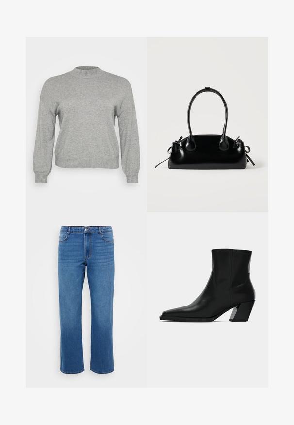 Lysegrå strikket sweater med lange ærmer, ribbestrikket rund hals, manchetter og kant, præsenteret på en hvid baggrund.; Blå denimjeans med lige ben, der har en knaplukning, klassisk fem-lomme design og en subtil falmet tekstur på lårene.; Sortlæder ankelstøvle med spids tå, en slank silhuet og en kraftig firkantet hæl. Glat tekstur med minimale stikninger.; Lille sort blank håndtaske med to lange håndtag og snøre-detaljer i siden på en ensfarvet lys baggrund.