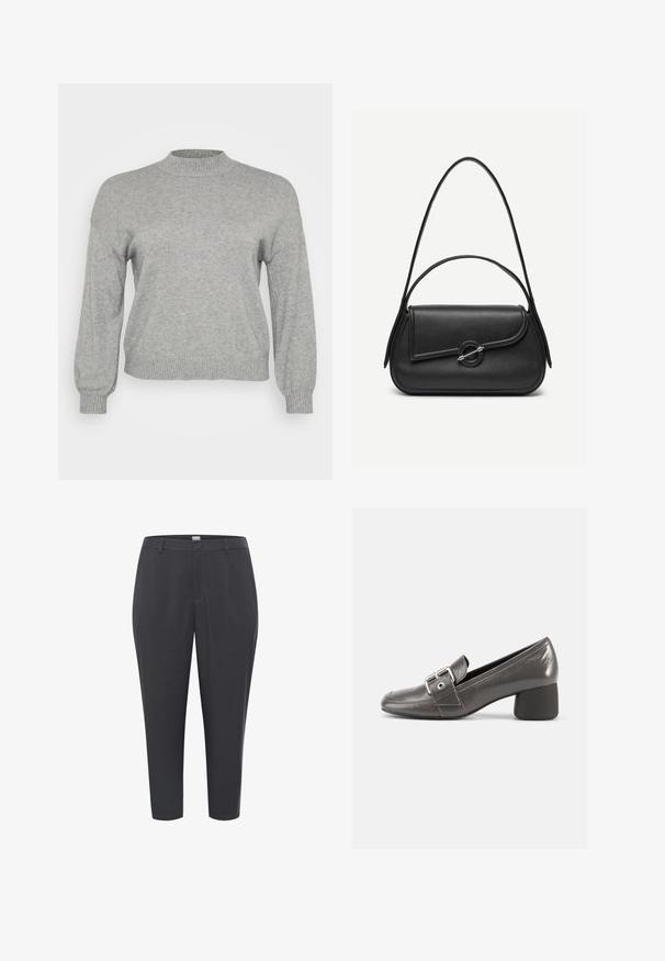 Pull en tricot gris clair à manches longues, avec un col rond côtelé, des poignets et un ourlet, présenté sur un fond blanc.; Pantalons gris ajustés en tissu lisse. Comprend une fermeture à bouton, des passants de ceinture, et des jambes fuselées avec un ourlet retroussé.; Chaussure en cuir noir à talon moyen avec un bout arrondi, dotée d'une bride décorative à boucle et d'une finition texturée sur la tige.; Sac à main en cuir noir avec bords arrondis, rabat asymétrique, fermoir circulaire en métal, et des bandoulières courtes et longues.