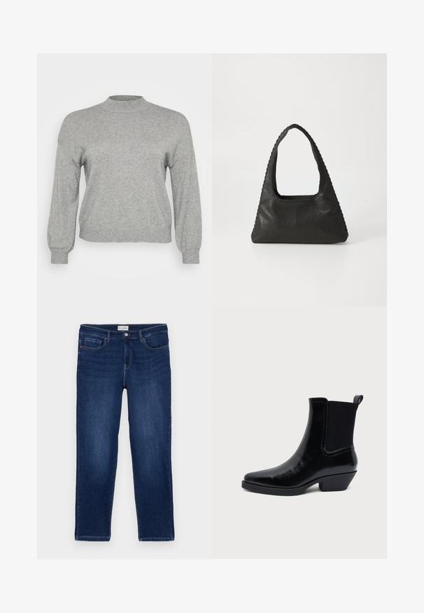 Hellgrauer, gestrickter Pullover mit langen Ärmeln, geripptem Rundhalsausschnitt, Bündchen und Saum, auf einem weißen Hintergrund präsentiert.; Dunkelblaue Denim-Jeans im geraden Schnitt, mit Fünf-Taschen-Design, sichtbaren Nähten und einem Metallknopfverschluss am Bund.; Schwarzer Lederknöchelstiefel mit spitzer Zehenpartie, niedrigem Blockabsatz, elastischem geripptem Seitenpanel und hinterer Zuglasche vor weißem Hintergrund.; Schwarze Lederhandtasche mit dreieckiger Form, einem großen Ausschnittgriff und detaillierter Naht entlang der Kanten. Glatte Textur.