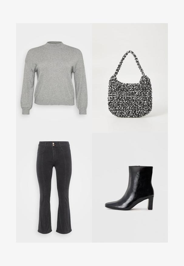 Lysegrå strikket sweater med lange ærmer, ribbestrikket rund hals, manchetter og kant, præsenteret på en hvid baggrund.; Sorte denim jeans med flared ben og høj talje, der har to forlommer og dobbeltknaplukning, glat tekstur og minimale syninger.; Sorte ankelstøvler lavet af blank læder, med spidse tæer og en mellemstor blokhæl, med en glat tekstur og et enkelt design.; Vævet håndtaske i sort og hvid med en rund form, tekstureret overflade og et fletet håndtag. Velegnet til afslappet brug.