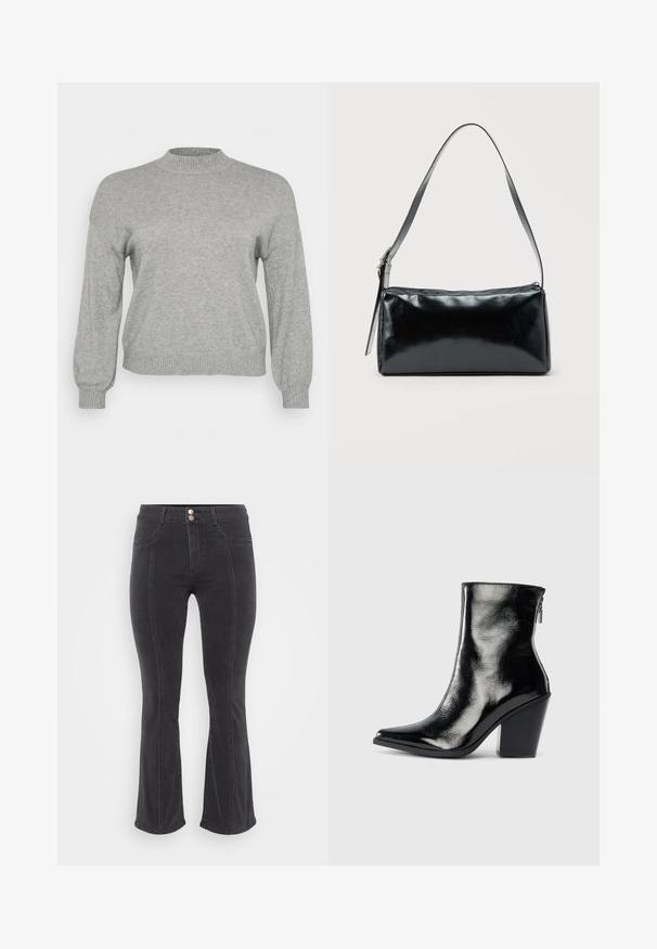 Lysegrå strikket sweater med lange ærmer, ribbestrikket rund hals, manchetter og kant, præsenteret på en hvid baggrund.; Sorte denim jeans med flared ben og høj talje, der har to forlommer og dobbeltknaplukning, glat tekstur og minimale syninger.; Sorte læder ankelstøvler med en blank finish, spidse tæer og blokhæle. Har en sidezipper for nem på- og aftagning.; Sort rektangulær skuldertaske med en enkelt justerbar rem og lynlås i toppen på en ensfarvet baggrund.