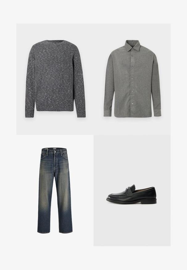 Donkergrijze ribgebreide trui met lange mouwen, een ronde hals en een gespikkelde textuur.; Grijze button-up shirt van gestructureerde stof, met een klassieke kraag en lange mouwen met knoopsluitingen aan de voorkant.; Wijde jeans in donkerblauwe denim met een gradientafwerking, voorzien van een knoopsluiting, vijf zakken en gestructureerde stikdetails.; Zwarte lederen instappers met een gladde afwerking, voorzien van een gestructureerde bovenband, lage hak en minimale stiksel-details.