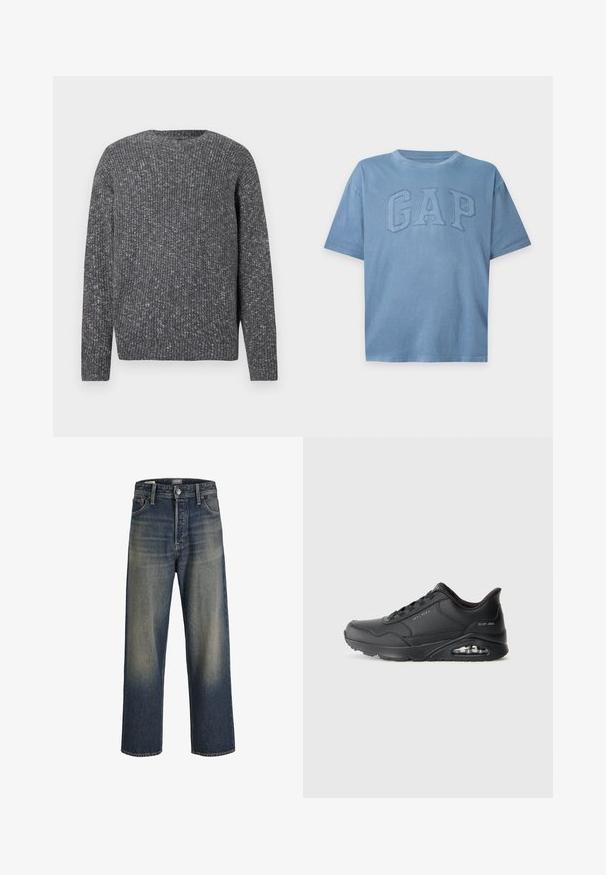 Donkergrijze ribgebreide trui met lange mouwen, een ronde hals en een gespikkelde textuur.; Blauw T-shirt met korte mouwen en ronde hals met verhoogd geborduurd GAP-logo op de borst, weergegeven op een effen achtergrond.; Wijde jeans in donkerblauwe denim met een gradientafwerking, voorzien van een knoopsluiting, vijf zakken en gestructureerde stikdetails.; Zwarte sportieve schoenen met een gladde synthetische bovenkant, vetersluiting, ronde neus en zichtbare luchtkussens in de zool. Inclusief getextureerde accenten.