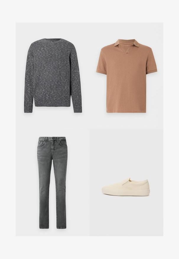Langærmet mørkegrå ribstrikket sweater med rund halsudskæring og en plettet tekstur.; Brun kortærmet ribstrikket polo med V-udskæring i kraven, lavet af let strikket stof.; Grå denim jeans med straight leg pasform, fem-lomme design, subtilt falmet tekstur og bæltesløjfer. Ingen synlig branding eller pynt.; Beige slip-on sko lavet af canvas med gummisål. Har elastiske sideaccenter og en glat tekstur. Simpel, rundet design.