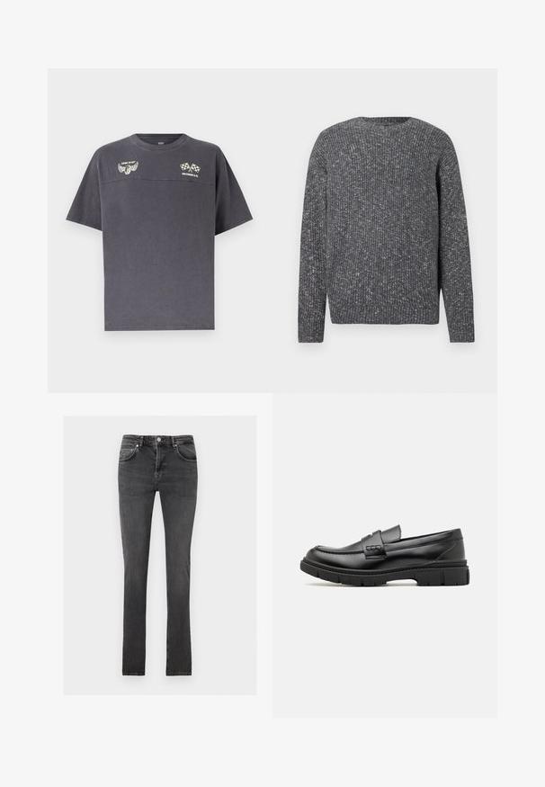 Pull à manches longues en maille côtelée gris foncé avec un col ras du cou et une texture mouchetée.; T-shirt gris foncé à manches courtes avec col rond, présentant des logos de pneu ailé et de drapeaux à damier croisés avec le texte "COMIN' IN HOT" et "LEVI STRAUSS & CO.".; Jean slim homme gris foncé avec cinq poches et une fermeture à boutons, présenté à plat sur un fond clair.; Mocassin en cuir noir avec une large sangle sur le devant, semelle en caoutchouc à épaisse rainure, et texture lisse. Design classique et élégant.