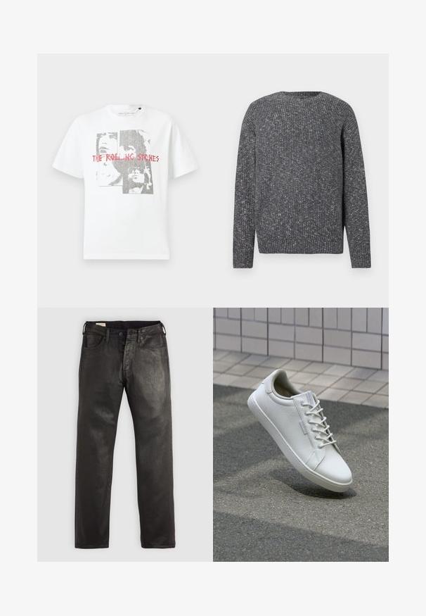 Langærmet mørkegrå ribstrikket sweater med rund halsudskæring og en plettet tekstur.; Hvid bomulds T-shirt med et grafisk print af ansigter og teksten "THE ROLLING STONES" i rød. Rund hals og korte ærmer.; Sort denim jeans med lige pasform, der har en knap- og lynlåslukning, fem lommer og en glat overflade.; Hvide sneakers lavet af tekstureret læder, med snørelukning, robust gummisål og minimalistisk design med forstærket tå.