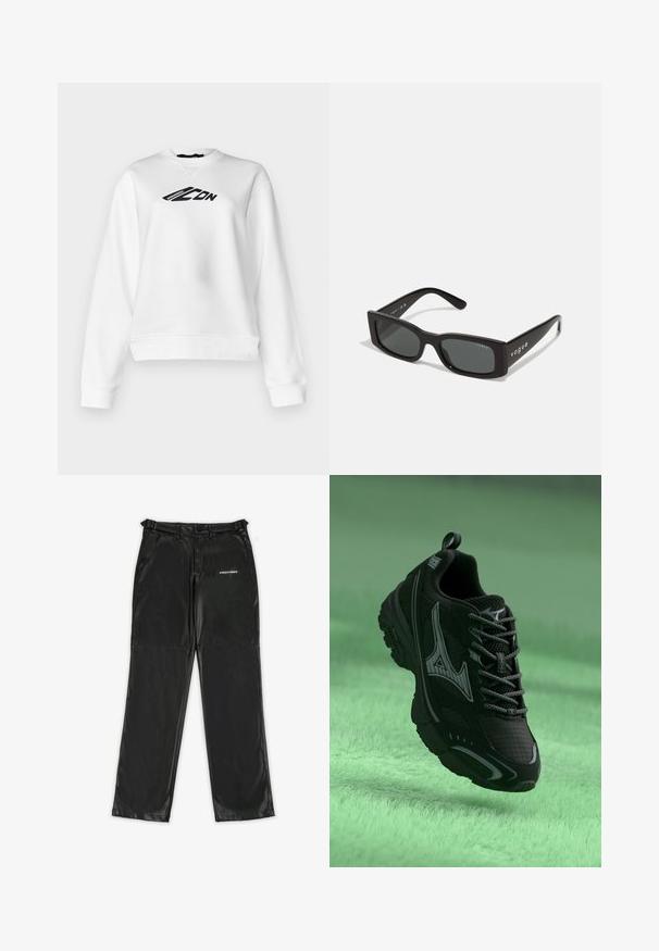 Hvid sweatshirt med rund hals og lange ærmer. Sort grafisk tekst på brystet. Blød stof med en let cropped pasform.; Sorte bukser af imiteret læder med et elegant design, der har et logo på venstre side, lige ben og traditionelle bæltestropper.; Sort atletisk sko med en tekstureret overflade, grå detaljer og snørebånd. Har et fremtrædende mærke-logo og en polstret sål for støtte.; Sorte rektangulære solbriller med mørke linser. Har en glat plastikramme og "vogue"-branding på stængerne.