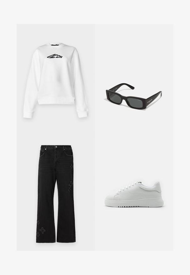 Hvid sweatshirt med rund hals og lange ærmer. Sort grafisk tekst på brystet. Blød stof med en let cropped pasform.; Sorte denimjeans med vid pasform, prydet med broderede krydsmønstre i en lysere nuance. Fem-lomme design og knaplukning.; Hvide sneakers med en struktureraad læderoverdel, rund tå og snørebåndsdesign. Tykk hvid gummisål med struktureret grebsmønster.; Sorte rektangulære solbriller med mørke linser. Har en glat plastikramme og "vogue"-branding på stængerne.
