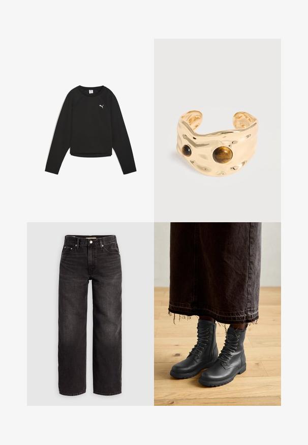 Mustmust pikkade varrukatega särk ümarate kraega, raglanvarrukate ja lühendatud äärega, vasakul rinnaosal on valge Puma logo.; Levi's® BAGGY DAD - Baggy fit teksad - shrink up; Mustad musta nahast nööbitavad saapad tekstuuriga pinnaga, keskmise sääre kõrgusega, ümmarguse ninaga ja rohtunud tallaga, kombineeritud tumehalli kulunud denimpoolikutega.; Kullatoonist käepaela käevõru haamri tekstuuriga, ees kahel ümmargusel pruunil tiigrisilma kivil.