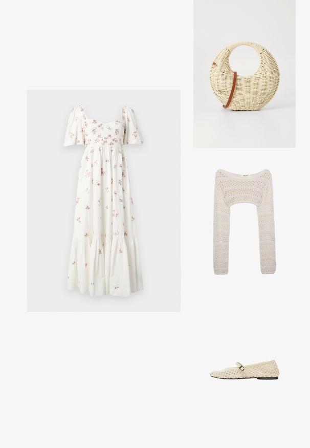 Pull court écru en maille ajourée, manches longues et large encolure, présentant un motif rayé avec des textures de maille variées.; Robe midi blanche avec manches bouffantes, corsage ajusté et petit imprimé floral rose, avec une jupe à volants froncés.; Chaussure plate Mary Jane beige tissée avec une petite boucle noire et une semelle fine, présentant un design texturé respirant.; Sac à main tressé rond en paille naturelle avec une finition texturée. Dispose d'une bandoulière en cuir marron lisse et d'une poignée circulaire.