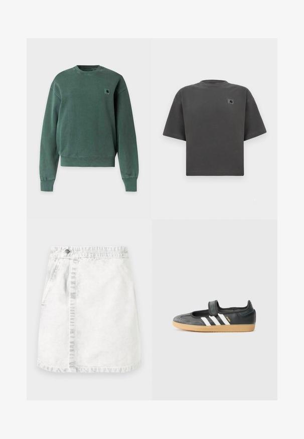 Groene trui met lange mouwen en ronde hals, met geribde boorden en zoom, met een klein vierkant logo patch op de linkerborst.; Donkergrijs oversized T-shirt met korte mouwen, ronde hals en een kleine Carhartt-logopatch op de linkerborst.; Denimrok in lichtgrijs. A-lijn ontwerp met voorzakken, een zichtbare naad in het midden en een enkele metalen knop op de tailleband.; Zwarte leren en suède sneaker met een klittenbandsluiting, voorzien van drie witte strepen en een gumzool, met de naam "SAMBA" aan de zijkant.