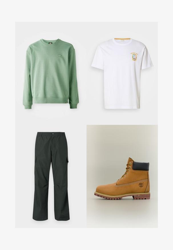Grøn crewneck sweatshirt lavet af blødt stof, med ribbede manchetter og kant, samt et lille logo tag på fronten. Glat tekstur.; Hvid bomulds t-shirt med kortærmer, prydet med et farvet grafisk patch med "NOTTING HILL" og en illustration på venstre bryst.; Mørkegrøn cargo bukser med en afslappet pasform, elastisk talje, sydde lommer og en glat, let stofstruktur.; Brun læderankelstøvle med sort krave, gule snørebånd og tanfarvet sål. Har logo og hvide syninger som detalje. Robust ydersål med greb.