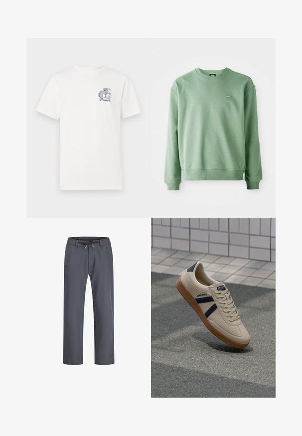 Grøn crewneck sweatshirt lavet af blødt stof, med ribbede manchetter og kant, samt et lille logo tag på fronten. Glat tekstur.; Hvid t-shirt med korte ærmer lavet af bomuld, med et blåt grafisk motiv på brystet af en vaskebjørn ved siden af en skraldespand og teksten "STANCE."; Grå bukser med elastisk talje og snøring. Lige ben-design, lavet af glat stof, har minimal syning og ingen synlig hardware.; Beige sneaker med struktureret overflade, marineblå striber og gummisål. Har en polstret tunge og traditionelt snørresystem for en sikker pasform.