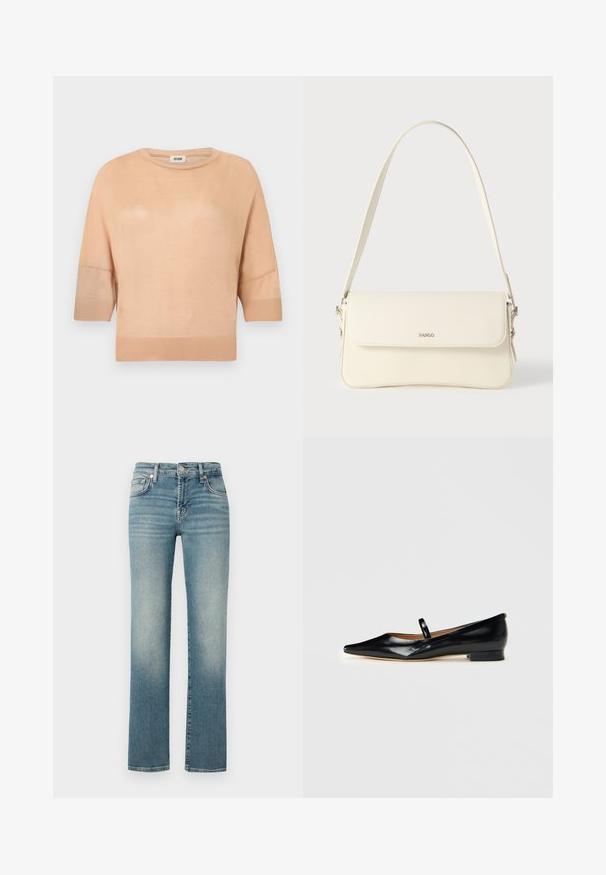 Beige striktrøje med korte ærmer og rund hals, lavet af letvægtsstof, med ribbet kant og manchetter. Glat tekstur.; Blå denim jeans med lige ben, der har slidte områder, fem-lomme design og metal knaplukning ved taljen.; Sorte patenterede læder Mary Jane flade sko med spids tå, én rem og lav hæl på ensfarvet baggrund.; Cremefarvet læder skuldertaske med flaplukning, sølvfarvet beslag, en enkelt justerbar rem og diskrete logodetaljer.