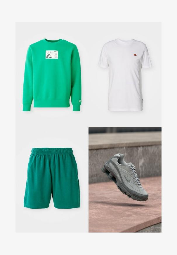 Sweatshirt vert en mélange de coton avec un col rond côtelé, des manches longues et un imprimé graphique rectangulaire sur le devant.; T-shirt en coton blanc avec des manches courtes et un col rond. Présente un petit logo coloré sur la zone gauche de la poitrine. Texture douce.; Shorts en coton verts avec une taille élastique, des poches latérales et un ourlet cousu. Texture lisse avec une coupe décontractée et confortable.; Baskets Nike grises et blanches suspendues au-dessus d'une marche en pierre avec un amorti visible à air et une semelle texturée.