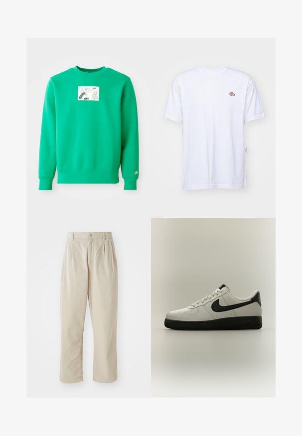 Grøn sweatshirt lavet af en bomuldsblanding med en ribbet rund halsudskæring, lange ærmer og et rektangulært grafisk tryk på forsiden.; Hvid bomulds t-shirt med v-hals og korte ærmer. Har et lille farverigt broderet logo på venstre bryst. Blød tekstur.; Beige, lette bukser med en afslappet pasform, indsyede folder foran, knaplukning og opbrettede kanter. Glat tekstur, minimalistisk design.; Lav-skoet hvid sneaker med sort Nike-swoosh, sort hælstrop og tyk sort sål på en neutral baggrund.