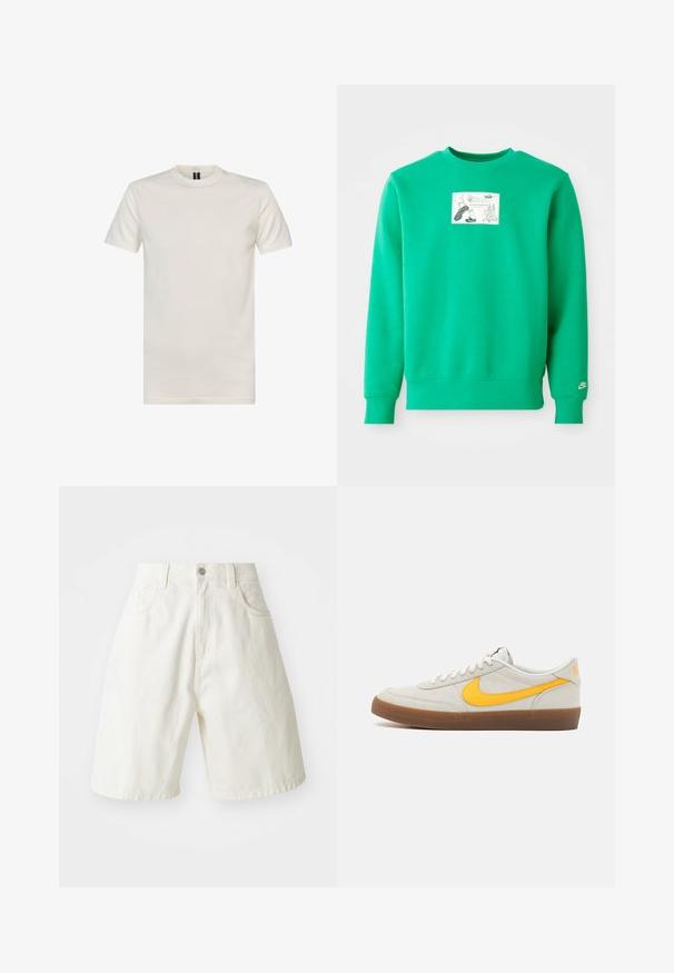 Grøn sweatshirt lavet af en bomuldsblanding med en ribbet rund halsudskæring, lange ærmer og et rektangulært grafisk tryk på forsiden.; Crewneck kortærmet t-shirt i off-white bomuld. Har en glat tekstur, standard pasform og minimalistisk design uden mønstre.; Hvide denimshorts med en afslappet pasform, der har en talje, fem lommer og lige ben. Stoffet har en let tekstur.; Nike sneakers i lysegrå ruskind med en gul swoosh, hvide snørebånd og en brun gummisål. Har en struktureret finish og polstret krave.