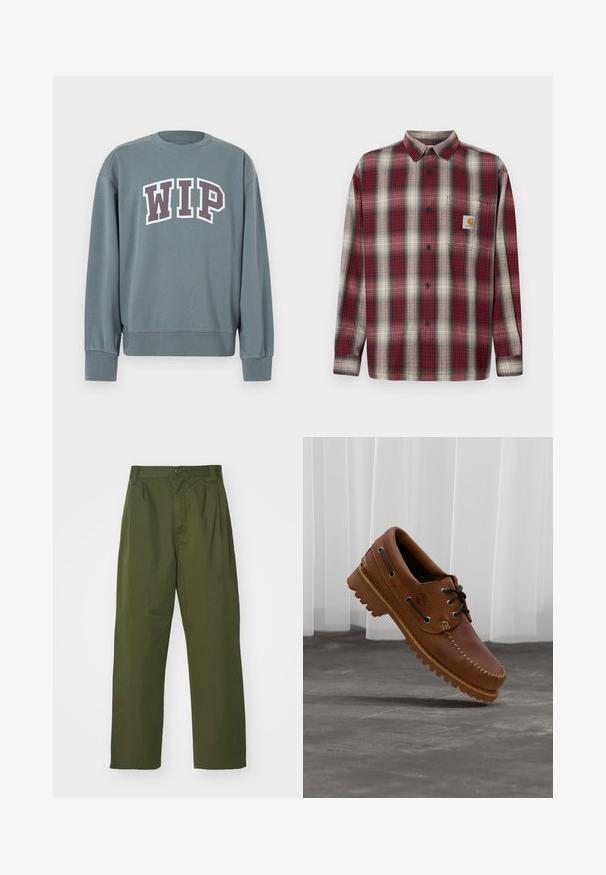 Grå sweatshirt med ribstrikkede manchetter og kant. Har "WIP"-logo i hvid med mørkelilla kant. Crew neck-design, lavet af blødt stof.; Rød og grå rutet flannel skjorte med knap-ned krave, lange ærmer og en brystlomme med et logo mærke. Vævet struktur.; Olivengrønne, høj talje bukser med lige ben design. Fremstillet af et letvægtsmateriale, med frontplisser og knaplukning.; Brun læder bådsko med sorte snørebånd, beige syninger og en robust sål, hængende over en grå betongulv.