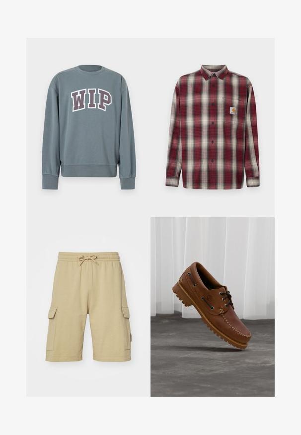 Sweat-shirt gris avec poignets et ourlet côtelés. Présente le logo "WIP" en blanc avec un contour violet foncé. Col rond, confectionné en tissu doux.; Chemise en flanelle à carreaux rouge et gris avec un col boutonné, des manches longues et une poche poitrine arborant une étiquette logo. Texture tissée.; Shorts cargo en coton beige avec une taille élastique, un cordon de serrage et des poches latérales. Texture lisse et design arrivant au genou.; Chaussure de bateau en cuir marron avec des lacets noirs, des coutures beiges et une semelle robuste, suspendue au-dessus d'un sol en béton gris.