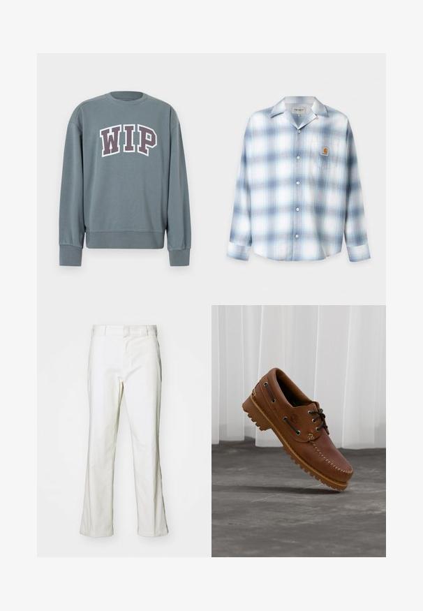 Sweat-shirt gris avec poignets et ourlet côtelés. Présente le logo "WIP" en blanc avec un contour violet foncé. Col rond, confectionné en tissu doux.; Chemise à manches longues à carreaux bleu clair et blanc avec boutons, col pointu et poche poitrine avant avec un patch logo Carhartt.; Pantalons en coton blanc avec une coupe droite, dotés d'une taille et de poches standard. Le tissu semble lisse et légèrement texturé.; Chaussure de bateau en cuir marron avec des lacets noirs, des coutures beiges et une semelle robuste, suspendue au-dessus d'un sol en béton gris.