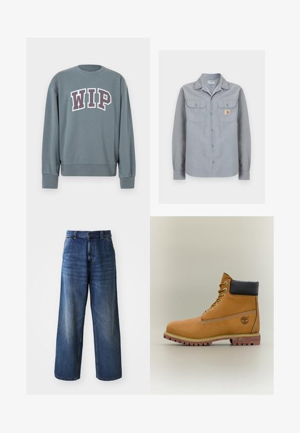 Grå sweatshirt med ribstrikkede manchetter og kant. Har "WIP"-logo i hvid med mørkelilla kant. Crew neck-design, lavet af blødt stof.; Lysegrå langærmet skjorte med knapper og to brystlommer, hvoraf den ene har en lille Carhartt-logo patch på højre side.; Højtaljede blå denimjeans med vid benvidde, der har subtil falming, forlommer og en knaplukning i taljen.; Brun læderankelstøvle med sort krave, gule snørebånd og tanfarvet sål. Har logo og hvide syninger som detalje. Robust ydersål med greb.